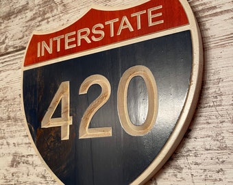 Interstate 420 Shield, Carved Wood Sign, Stoner Decor