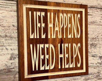 Carved Wood Marijuana Sign – Funny Stoner Decor, Doobie Den Art
