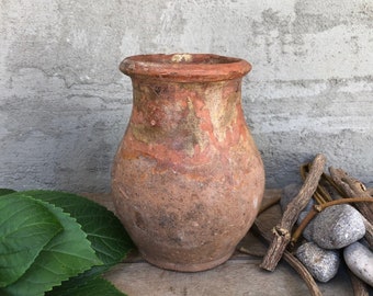 Antique Glazed Vessel, Primitive Clay Pot, Wabi Sabi Décor, Rustic Mediterranean Table Decor, Vintage Earthenware Vase, Old Jug