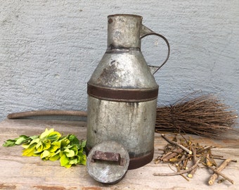 Vintage European Milk Can With Lid, Antique Handmade Metal Milk Churn, Galvanized One Handled Milk Jug, Rustic Farmhouse Decor