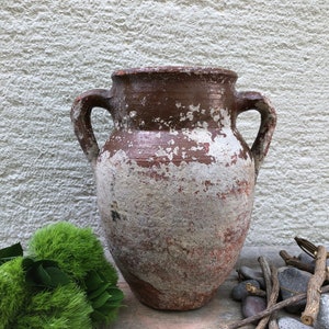 May include: A rustic brown clay pot with two handles and a white, weathered finish. The pot is sitting on a wooden surface with green plants and sticks.