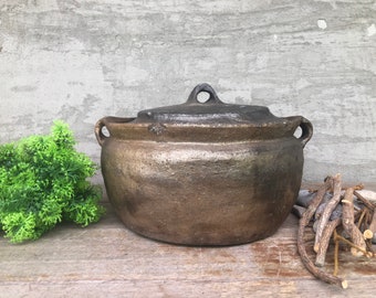 Primitive Casserole, Antique Handmade Stew, Old Pottery, Vintage Farmhouse Earthenware, Rustic Clay Pot, Wabi Sabi Decor, Home Decor