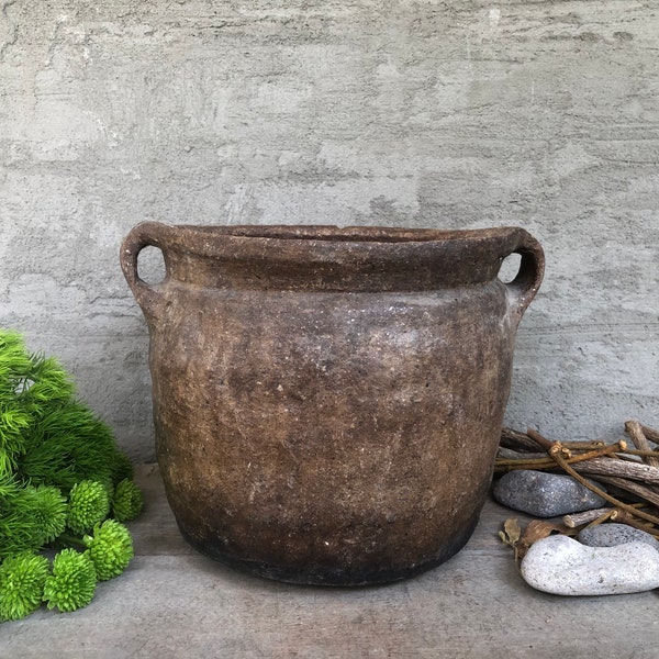 Antique Vessel, Primitive Clay Pot, Rustic Mediterranean Vase, Old Farmhouse Pottery, Vintage Earthenware, Wabi-Sabi Décor