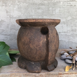 Antique Primitive Handmade Wooden Mortar, Rustic Kitchen Décor, Vintage Mediterranean Cookware Utensil