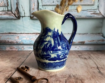 Vintage Blue Earthenware Jug, Farmhouse Decor