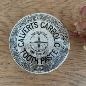 Tapa de cerámica antigua para olla, pasta de dientes carbólica de Calvert, cerámica coleccionable