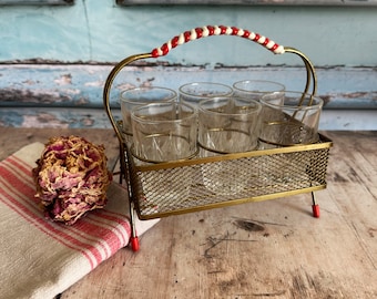 Antique Vintage Set 6 Tumbler Drinking Glasses Carrier Holder
