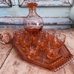 French Vintage Pink Glass Carafe and 8 Glasses on Tray, Vintage Drinkware, Vintage Home