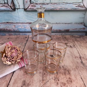 Set of 4 Vintage French Gold Trimmed Glasses and Carafe, Drinking Glasses, Glassware