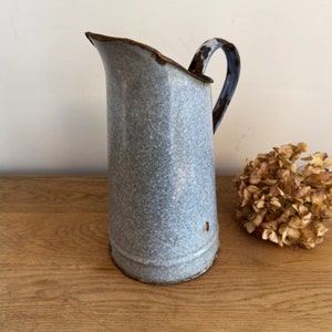 French Vintage Pale Blue Mottled Enamel Jug, Pitcher, Flower Vase