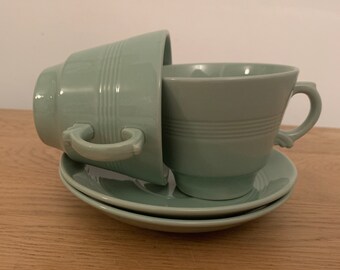 Pair of Woods Ware Beryl Breakfast Cups & Saucers, Vintage Woods Post War Utility Cups and Saucers