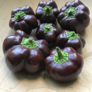 May include: A group of eight dark purple bell peppers with green tops. The peppers are arranged in a circle on a light brown surface.