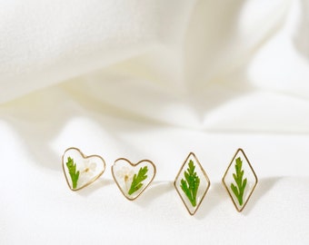 Natural Flower, Leaf Heart & Rhombus silicone-needle Stud Earrings (Allergy FREE)