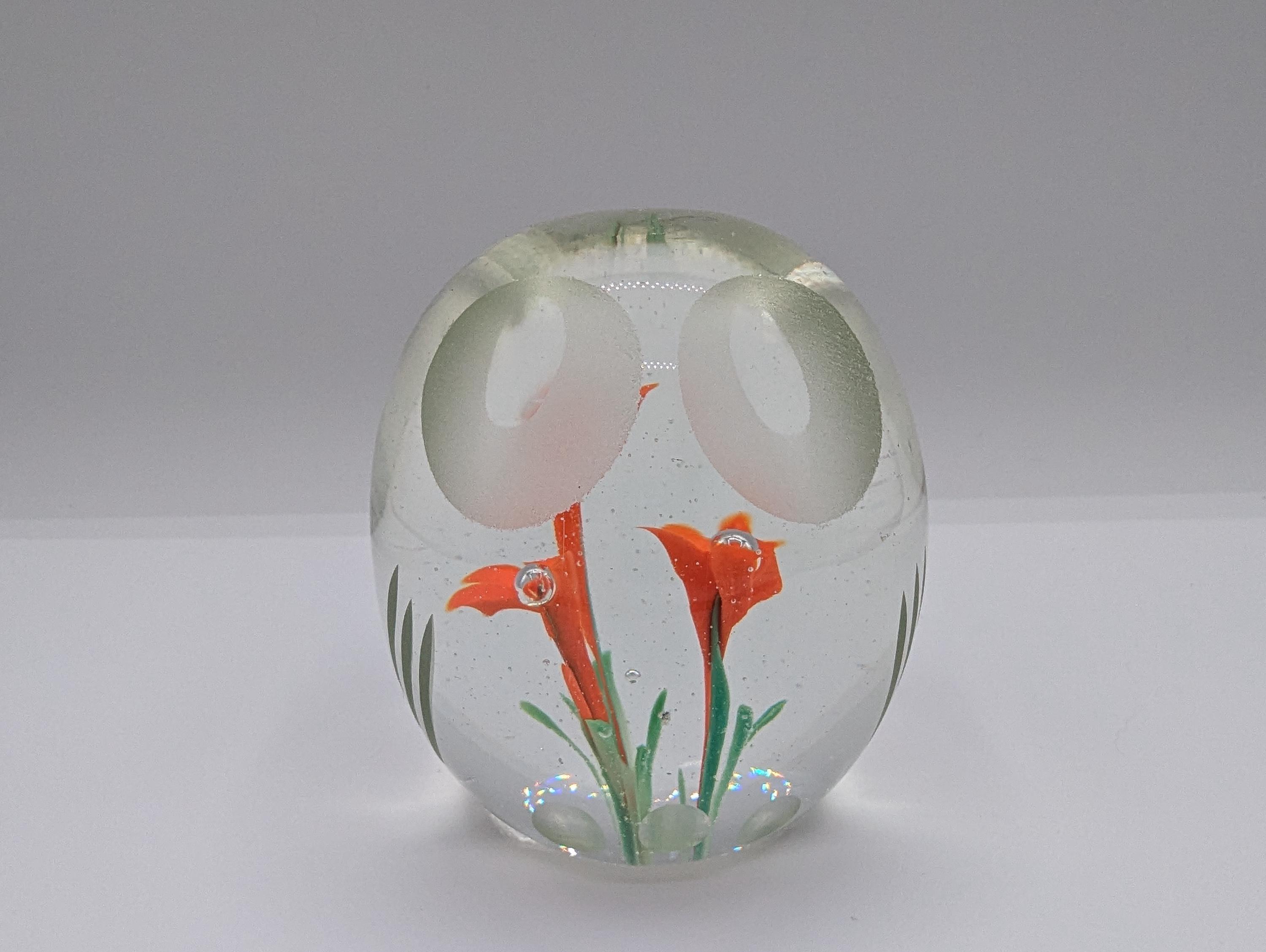 Vintage Etched Owl Handblown Paperweight - Clear and Orange Flowers Minimalist