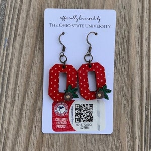 OSU Block O Dangle Earring Tiny Red & White Polka Dot with Buckeye Leaf