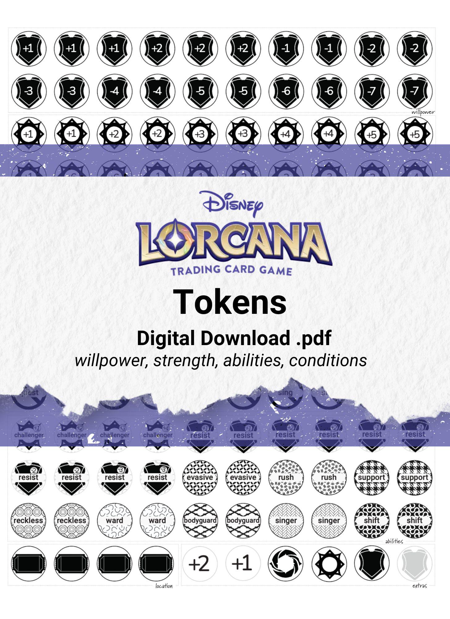 Disney Lorcana Game Tokens | Digital Download .PDF - Single Printable Sheet - Circle Shaped (0.625") - Willpower, Strength, Lore, Abilities