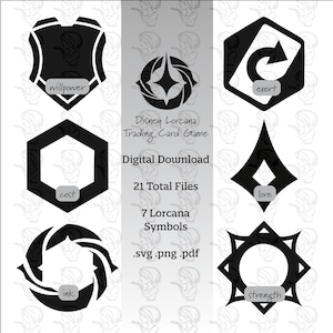 May include: A digital download graphic featuring seven black and white Lorcana symbols for the Disney Lorcana Trading Card Game. The symbols include shapes with the words "willpower", "cost", "exert", "lore", "ink", and "strength".