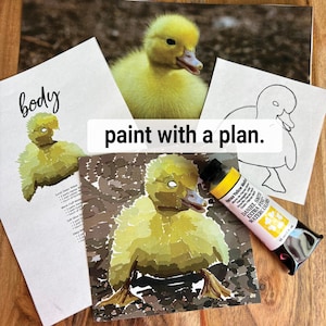 Puede incluir: Una imagen con materiales de arte e ilustraciones de patitos. Incluye un tubo de pintura de acuarela, una foto de un patito amarillo y varias pinturas de patitos. También se ve el texto "paint with a plan".
