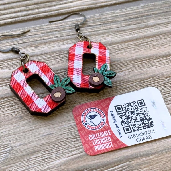 Block O Dangle Earrings: Ohio State University Officially Licensed, OSU, Red and White Plaid with Mini Buckeyes, Wooden, Vintage Earrings