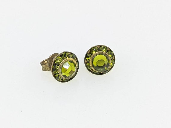 Vintage Green Cut Glass on Brass Stud Earrings / … - image 4