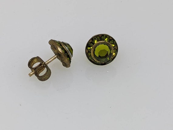 Vintage Green Cut Glass on Brass Stud Earrings / … - image 1