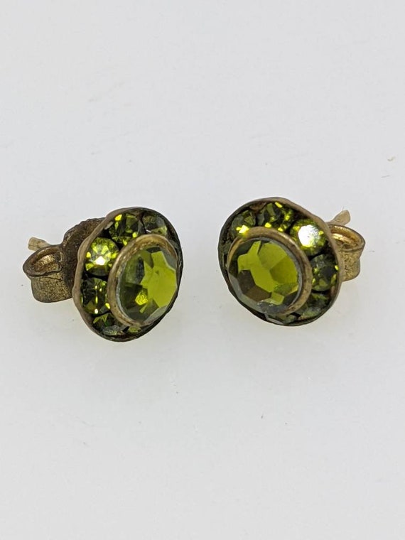 Vintage Green Cut Glass on Brass Stud Earrings / … - image 5