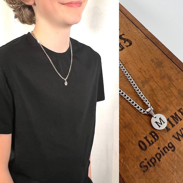 Boys Initial Coin Necklace - Round Coin Necklace Pendant - Personalized Initial Disk - Christmas Gift for Kids - Necklace for Teenage Boys