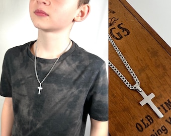 Boys Engraved Cross Necklace - Kids Cross Necklace - Custom Pendant - Personalized Chunky Cross Necklace - First Communion Necklace - Christ