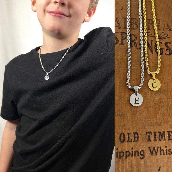 Boys Initial Pendant and Necklace - Rope Chain Necklace - Kids Custom Pendant and Necklace - Boys or Kids Jewelry - Boys Christmas Gift