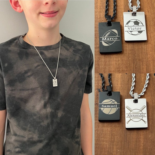 Custom Engraved Sports Necklace for Kids - Soccer Baseball Football Basketball - Jewelry for Kids - Name Necklace for Boys - Kids Rope Chain