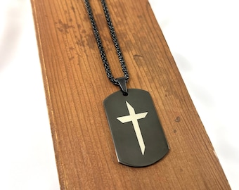 Men's Cross Dog Tag Necklace - Custom Engraved Cross Necklace - Stainless steel chain for men - Black Cross Necklace - Wheat chain Jewelry