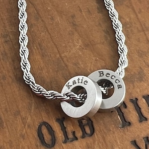 Personalized Coin Bead with 3mm Rope Chain Necklace - Circle Bead Pendant - Custom Engrave Name, Date or Coordinates - Christmas Gifts