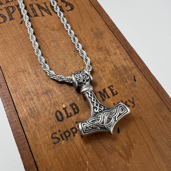 Thors Hammer Necklace - Celtic Knot Hammer Pendant - Chunky Nordic Viking Necklace With Rope Chain - Thors Hammer in Silver - Christmas Gift