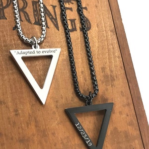 Triangle Pendant and Necklace - Personalized Arrow Men&#39;s Necklace - Custom Engraved Triangle Necklace - Fathers Day or Christmas Gifts