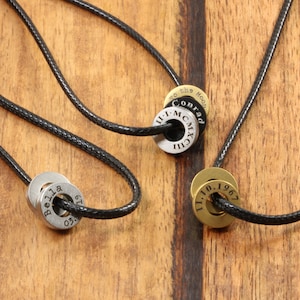 Personalized Coin Bead Pendants and Black Nylon Cord Necklace - Circle Pendants - Custom Engraved Necklace Pendant - Christmas Gifts