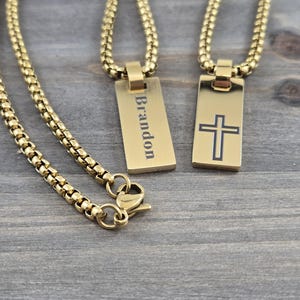 14k Gold Plated Engraved Cross Pendant and Box Chain Necklace for Boys - Kids First Communion Birthday Gift - Non Tarnish Box Chain Necklace