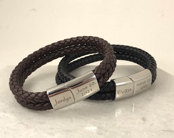 Braided Leather Bracelet with Custom Engravable Magnetic Clasp - Custom Personalized Christmas Gifts - Personalized Gift for Loved One