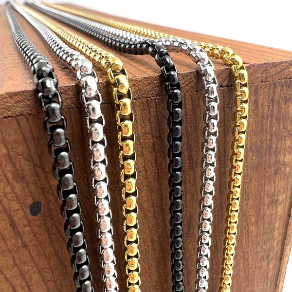 Box Chain 3mm or 2.5mm - Stainless Steel Box Chain - Non Tarnish Chain Necklace - Mens Necklace - Gold, Silver, Black Box Chain - Christmas