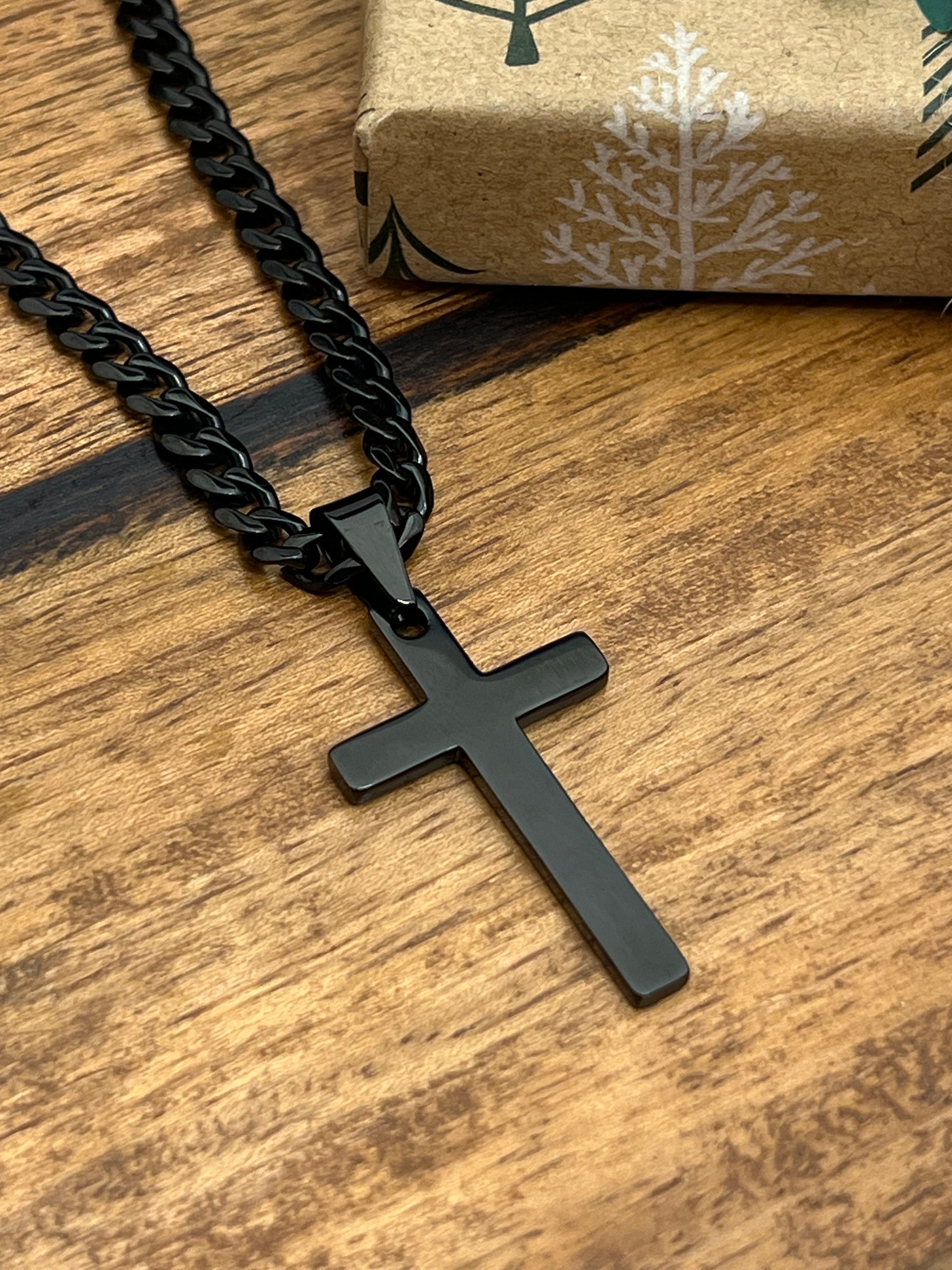 8P3 Men's Stainless Steel Black Silver Cross Pendant 6MM Cuban