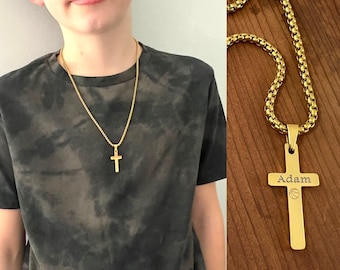 14k Gold Plated Cross Necklace for Boys - Boys Jewelry - Boys Cross Necklace - First Communion Birthday Gift -Non Tarnish Box Chain Necklace