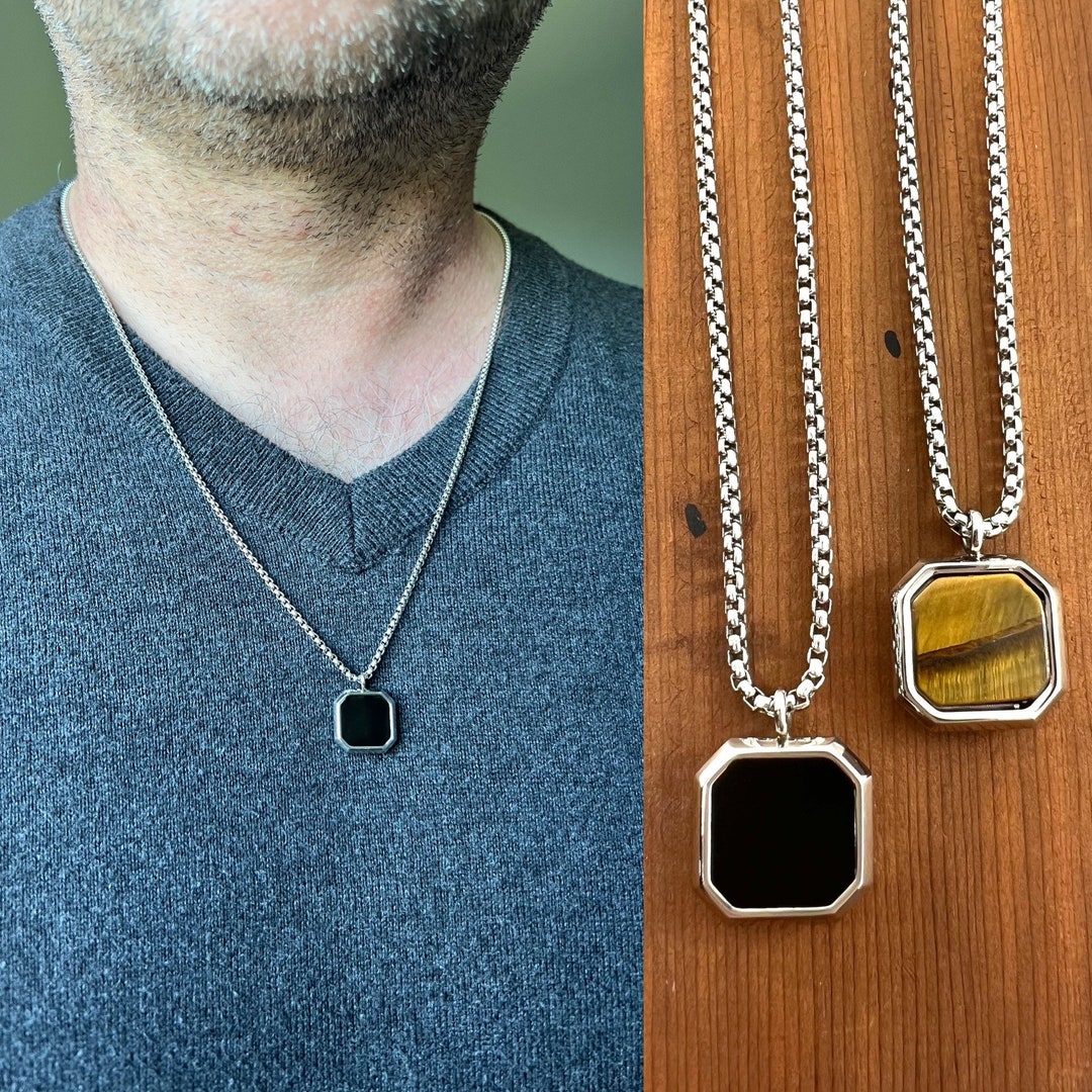 Mens Gemstone Necklace Onyx Tag Necklace for Men Vintage Etsy