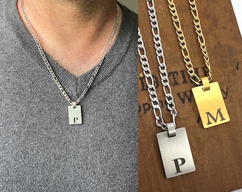 Custom Engraved Dog Tag Pendant and 4mm Figaro Chain Necklace - Christmas Gifts - Birthday Gift for Him - Stainless Steel