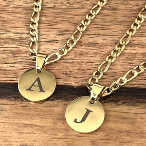 Custom Engraved Gold Pendant For Men -  Figaro chain - Gold Coin Initial Pendant and Necklace - Personalized Custom Disc - Fathers Day Gifts