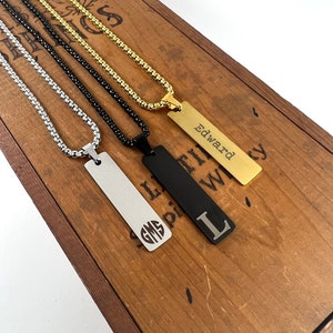 Engraved Bar Pendant with Box Chain - BOHO Pendant and Necklace - Box Chain Necklace - Stainless Steel Necklace for Him - Christmas Gift