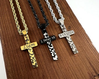 Boys Engraved Cross Rope Chain Necklace - Kids Cross Necklace - Custom Pendant - Personalized Camo Cross Necklace - First Communion Necklace