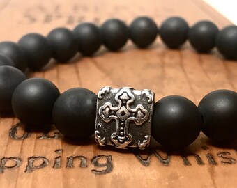 10mm Genuine Onyx Gemstone Bracelet with Cross Bead - Mens Onyx Gemstone Viking Elastic Bracelet