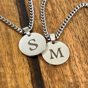 Custom Brushed Silver Disc Necklace for Men - Custom Initial Coin - Round Engrave Necklace Pendant-Personalized Initial Disk Father Day Gift