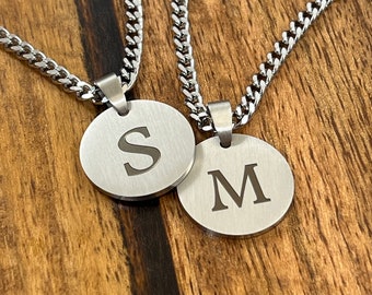 Custom Silver Disc Necklace for Men - Custom Engrave 3mm Curb Chain Necklace Pendant - Personalized Initial Charm - Christmas Gifts