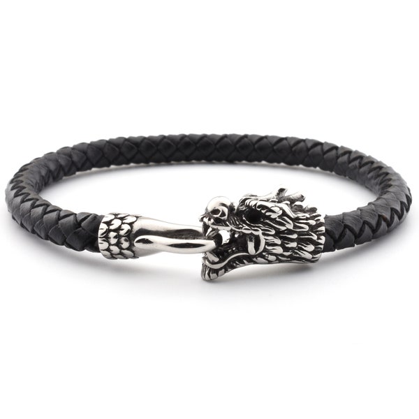 Men's Dragon Leather Bracelet - Fathers Day Gift - Woven Leather Bracelet - Dragon Head Bracelet - Gift for Dad