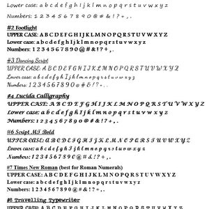 Peut inclure: Une liste de neuf polices diff&eacute;rentes, chacune avec un &eacute;chantillon de lettres majuscules et minuscules, ainsi que des chiffres, des symboles et de la ponctuation. Les polices sont Segoe Print, Footlight, Dancing Script, Lucida Calligraphy, Script MT Bold, Times New Roman, Travelling Typewriter et Courier New.